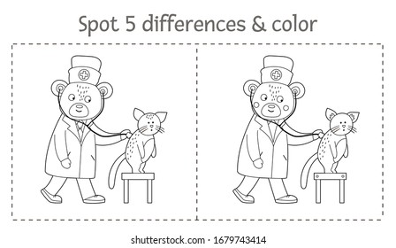 Medical find differences game and coloring page for children. Medicine preschool activity with doctor examining patients lungs. Puzzle with cute funny smiling characters.