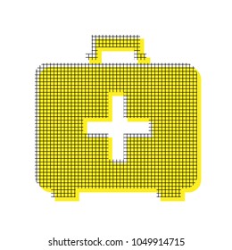 Medical First aid box sign. Vector. Yellow icon with square pattern duplicate at white background. Isolated.