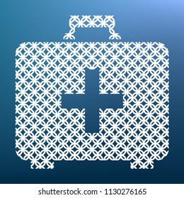 Medical First aid box sign. Vector. White textured icon at lapis lazuli gradient background.