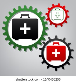 Medical First aid box sign. Vector. Three connected gears with icons at grayish background.