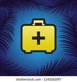 Medical First aid box sign. Vector. Golden icon with black contour at blue background with branches of palm trees.