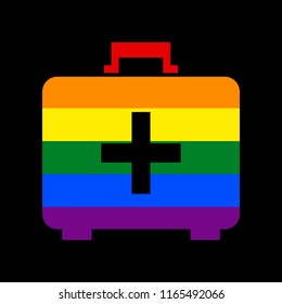 Medical First aid box sign. Vector. Icon with colors of LGBT flag at black background.