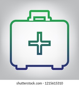Medical First aid box sign. Vector. Green to blue gradient contour icon at grayish background with light in center.