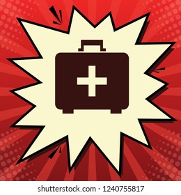 Medical First aid box sign. Vector. Dark red icon in lemon chiffon shutter bubble at red popart background with rays.