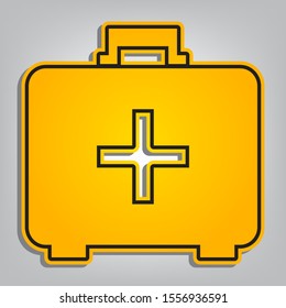 Medical First aid box sign. Flat orange icon with overlapping linear black icon with gray shadow at whitish background. Illustration.