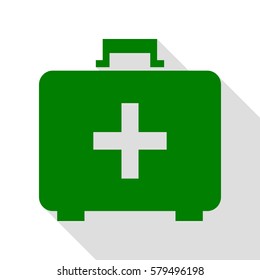 Medical First aid box sign. Green icon with flat style shadow path.