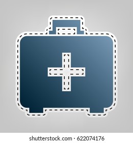 Medical First aid box sign. Vector. Blue icon with outline for cutting out at gray background.