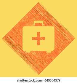 Medical First aid box sign. Vector. Red scribble icon obtained as a result of subtraction rhomb and path. Royal yellow background.