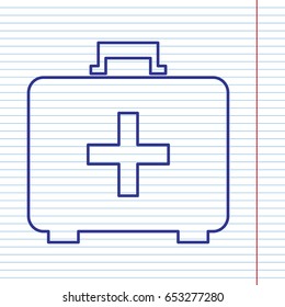 Medical First aid box sign. Vector. Navy line icon on notebook paper as background with red line for field.