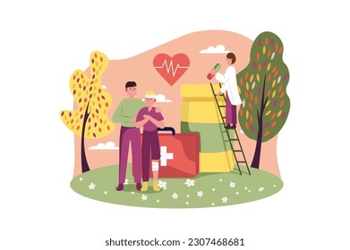 Medical first aid concept with people scene in the flat cartoon design. A team of doctors provides first aid to a man who fell ill in the park. Vector illustration.