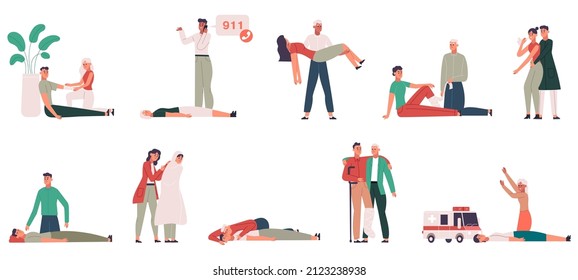 Medical first aid, emergency procedures, life save scenes. First aid health-threatening emergencies vector illustration set. Cardiac massage and cpr. Characters helping injured, faint people