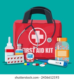 Medical first aid kit with different pills, phonendoscope and thermometer. Healthcare, hospital and medical diagnostics. Urgency and emergency services. Vector illustration in flat style