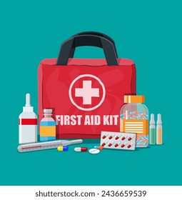 Medical first aid kit with different pills and thermometer. Healthcare, hospital and medical diagnostics. Urgency and emergency services. Vector illustration in flat style