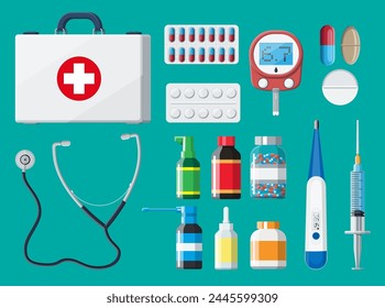 Medizinisches Erste-Hilfe-Set mit verschiedenen Pillen und medizinischen Geräten. Medizinische Werkzeuge, Medikamente, Stethoskop, Spritze, Glukometer, Thermometer. In: Healthcare Diagnostics. Dringender Notfall. flache Vektorillustration