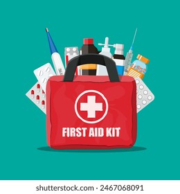 Medical first aid kit with different pills, syringe and thermometer. Healthcare, hospital and medical diagnostics. Urgency and emergency services. Vector illustration in flat style