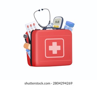 Medical first aid kit with essential healthcare supplies for emergency response, home care and treatment. Perfect for hospitals, clinics, pharmacies, insurance and health education materials