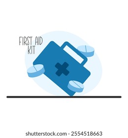 Medical first aid kit with flying pills.Medical box full of medicine for emergency help
