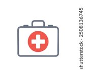 Medical first aid kit icon. A simple, flat icon depicting a medical first aid kit. Ideal for healthcare, emergency, or safety themes.