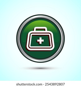 Icono de botiquín de primeros auxilios médicos, letrero de atención médica de caja de emergencia de medicina. Diseño de Botón redondo de color verde