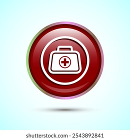 Icono de botiquín de primeros auxilios médicos, letrero de atención médica de caja de emergencia de medicina. Diseño de Botón redondo de color rojo