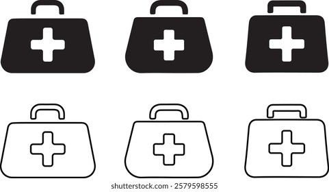 Medical first aid kit icons in black and white outline vector.