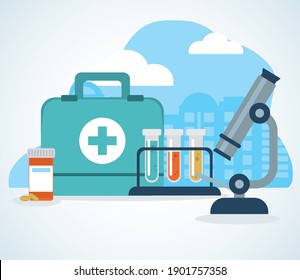 medical first aid kit, microscope and related icons over white background, flat style, vector illustration