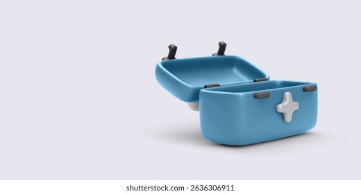 Medical First Aid Kit, Open Empty Blue Box with White Cross Symbol on Light Background. Suitable for Emergency, Healthcare, and Safety Concepts. Minimal and Clean Vector Illustration.