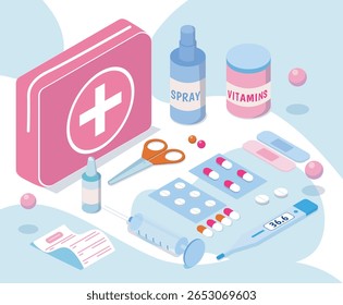 Medical first aid kit with pills, spray, vitamins, syringe, thermometer, and scissors in flat isometric style on a light background. Concept of healthcare. Vector illustration