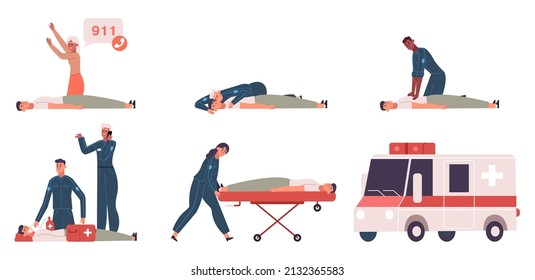 Medical first aid steps emergency situation infographic. Emergency first aid perform stages vector illustration set. Cpr and heart emergency step by step procedure. Checking breathing, doing massage