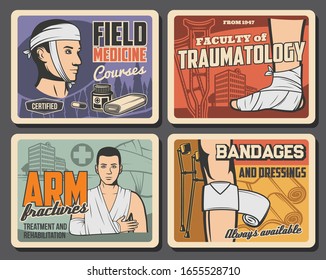 Erste medizinische Hilfe, Traumabandagierung. Akademie für Traumatologie, Akademie für Medizin, Ambulanzklinik für Notfälle. Behandlungs- und Rehabilitationskrankenhaus, Vektorillustration-Vintage-Retro-Plakate