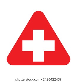 medical first aid, triangular flat color sign medicine symbol, health, hospital, care icon white. Emergency cross red white, collection plus logo design for web mobile isolated on background