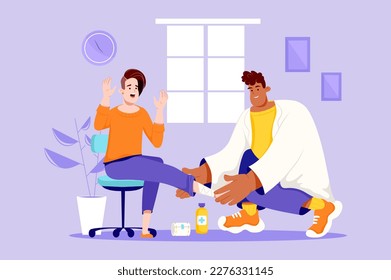 Medical first aid violet concept with people scene in the flat cartoon design. Medical worker provides first aid to a woman who sprained her leg. Vector illustration.