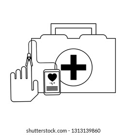medical first aids suitcase and smartphone with app black and white