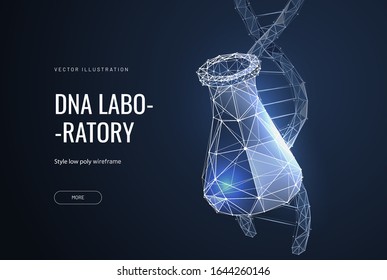 Medical flask and DNA. Low poly wireframe style. Lab glassware and test tubes on DNA background. Technology gene therapy and innovation in genetic engineering. Abstract on blue background. Vector