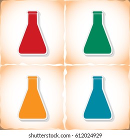 Medical flask. Flat sticker with shadow on old paper. Vector illustration