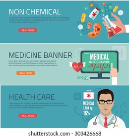 Medical flat banners set with laboratory pharmacy dentistry isolated vector illustration