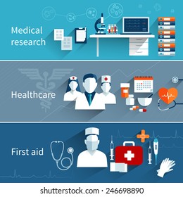 Medical flat banners set with research healthcare first aid symbols isolated vector illustration