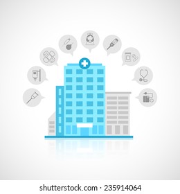 Edificio plano médico con centro de emergencia hospital clínica y avatares médicos iconos decorativos conjunto ilustración vectorial