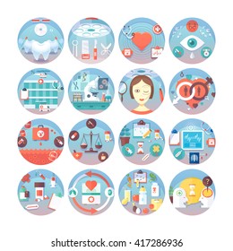 Medical flat circle icons set.  Kinds of healthcare services. Vector icon collection. 