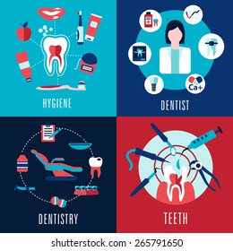 Medical flat concept with dentistry, dentist, teeth, hygiene, female doctor, tooth cross sections and dental chair with treatments icons