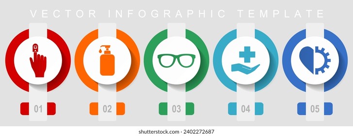 Medical flat design icon set, miscellaneous icons such as oximeter, hospital, glasses, soap and heart, vector infographic template, web buttons collection