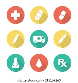 Medical flat design long shadow icons set. Laboratory clinical research beaker. Medicine prescription symbol. Ambulance car silhouette. Injection syringe pictogram. Vector infographic elements 
