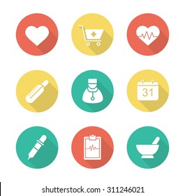 Medical flat design long shadow icons set. Hospital cardiology center. Pharmacy store and alternative medicine herbs healing. Ecg and heart beat symbol. Vector infographic silhouette elements 