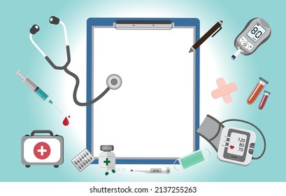 Medical flat icon isolated on Blue background. Hospital equipment. Doctor tool. First aid kits. Medical health care. Vector.Illustration.