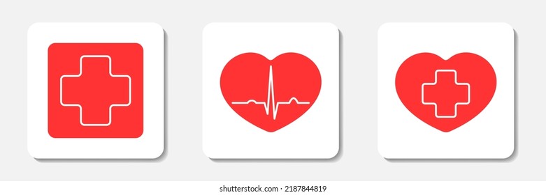 Medical flat icons collection. Red hearts, electrocardiogram rhytm and cross on white background. Best for polygraphy, mobile apps and web design.