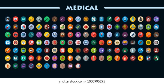 Medical Flat Icons Set With Long Shadow. Health Care Vector Illustration