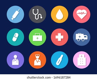 Medical Flat Icons. Stroke Vector Elements For Trendy And Modern Design. Vector Icons Isolated On A Dark Background. Vector Illustration. 
