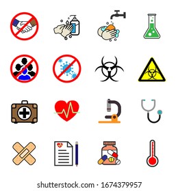 Medical Flat line Icons x 16 Icons in one set specially add prevent and prepare for Virus, shake hand, don't go to crowd people place, Hazard, wash hands and more about medical icons
