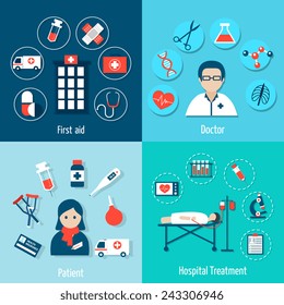 Medical flat set with first aid doctor patient hospital treatment isolated vector illustration