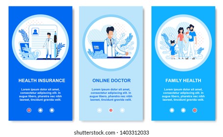 Medical Flat Set For Mobile Application Landing Pages. Online Medical Services On Smartphone. Health Insurance, Doctor Consultation Therapy And Treatment For Family. Vector Advertising Illustration